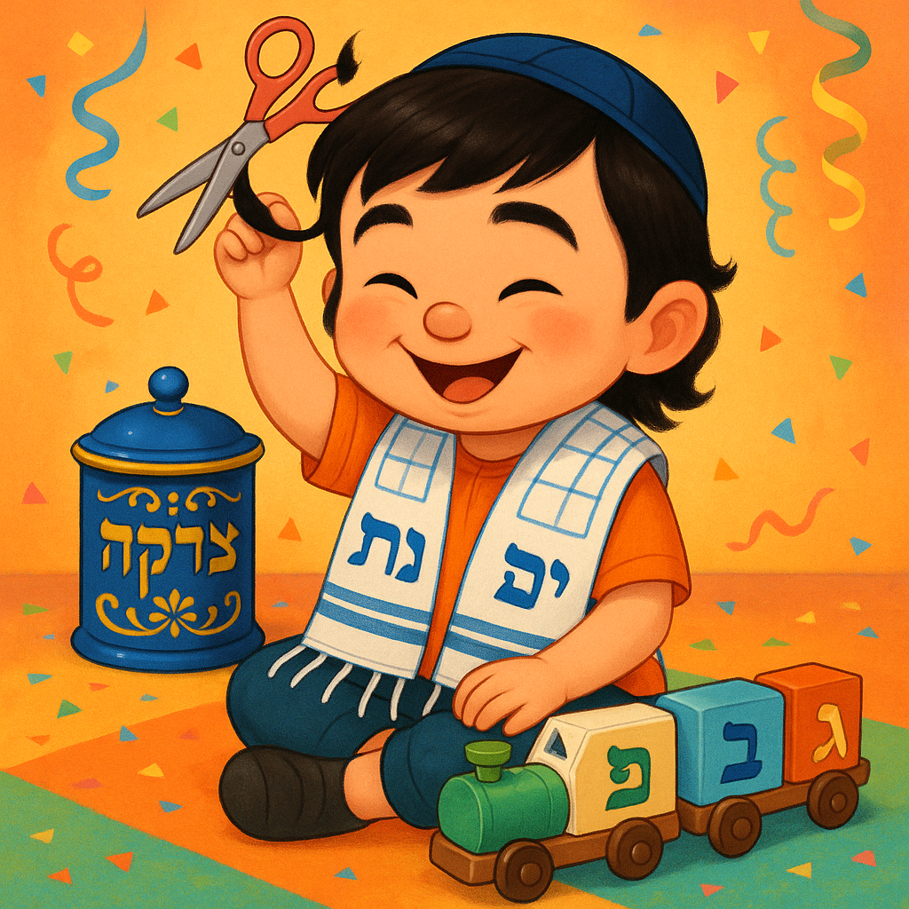 לד מצויר בסגנון פיקסאר, יושב שמח עם כיפה, מחזיק מספריים, לידו תיבת צדקה, טלית קטן ורכבת צבעונית עם אותיות א-ב-ג. רקע חגיגי עם קונפטי וסרטים צבעוניים.